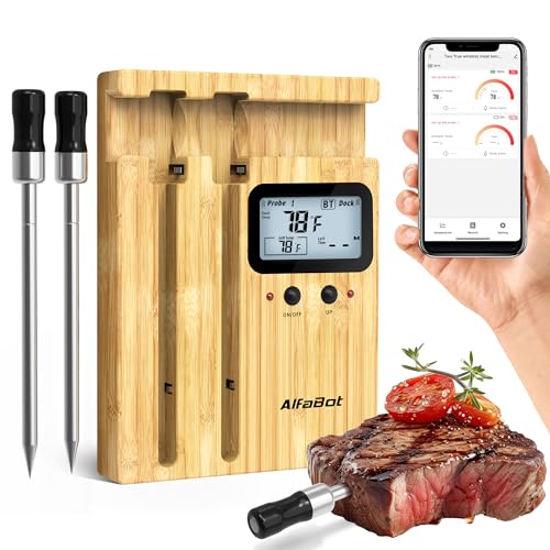 AlfaBot K1 Wireless Meat Thermometer, Intelligente Fleischthermometer Kabellos mit 2 Sonden, 150m Bluetooth-Reichweite, APP-Steuerung, für Küche, Backofen, Oven Grill von AlfaBot