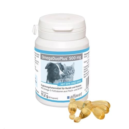 alfavet OmegaDuoPlus 500mg, für Hund und Katze, unterstützt trockene, gereizte Haut und Fell mit EPA und DHA, Ergänzungsfuttermittel, 60 Kapseln von Alfavet