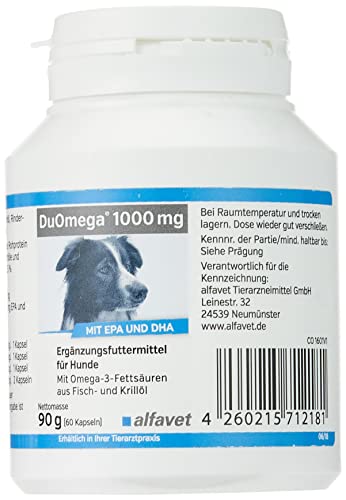 alfavet DuOmega für Hund und Katze, unterstützt trockene, gereizte Haut und Fell mit EPA und DHA, Ergänzungsfuttermittel, 1000mg, 60 Kapseln von Alfavet