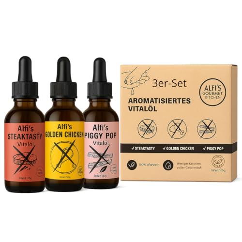 Omega 3-6-9 Barf Öl Hund & Katze – vegane Alternative zu Lachsöl & Fischöl, mit Fleischgeschmack, Nahrungsergänzungsmittel Haut & Fell, Leinöl, Olivenöl & Nachtkerzenöl Starter-Set von Alfi´s Gourmet Kitchen