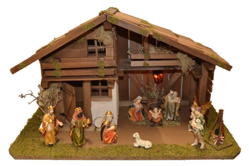 Alfred Kolbe Krippe Krippenstall mit Trafo, mit Busch, Laterne, Lagerfeuer, 11 cm Figuren 11tlg. von Alfred Kolbe