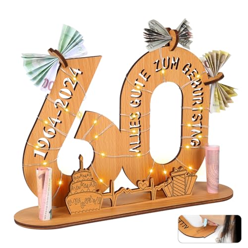 Alftek Geldgeschenke Geburtstag, Geschenkideen 60 Geburtstag Mann/Frau, Wooden Sign Guest Book Birthday mit LED Lichterkette Ständer Und Kerzenhalter Dekoration Geburtstagsgeschenk von Alftek