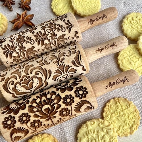 BLUMEN 3-er SET Kinder Nudelhölzer Teigrolle mit DAMASK, FOLK und TANZEN BLUMEN Muster. Nudelholz mit muster von Algis Crafts von Algis Crafts
