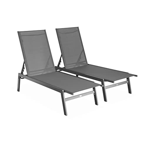 2er-Set Liegestuhl aus Textilene und Metall mit mehreren Positionen. Anthrazit. L 155 x P 59 x H 106 cm 2er-Set Liegestuhl aus Textilene und Metall mit mehreren Positionen. Anthrazit. L 155 x P 59 x H 106 cm von Alice's Garden