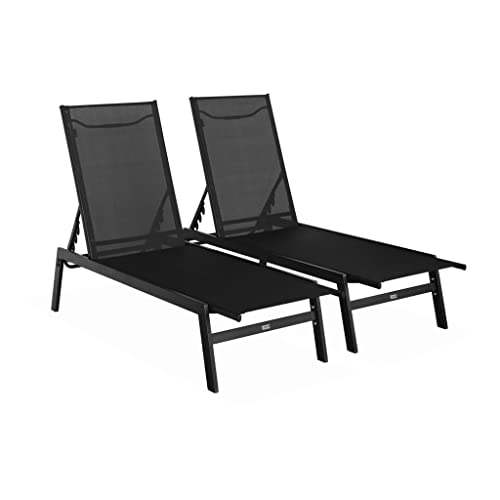 2er-Set Liegestuhl aus Textilene und Metall mit mehreren Positionen. Schwarz. L 155 x P 59 x H 106 cm von Alice's Garden