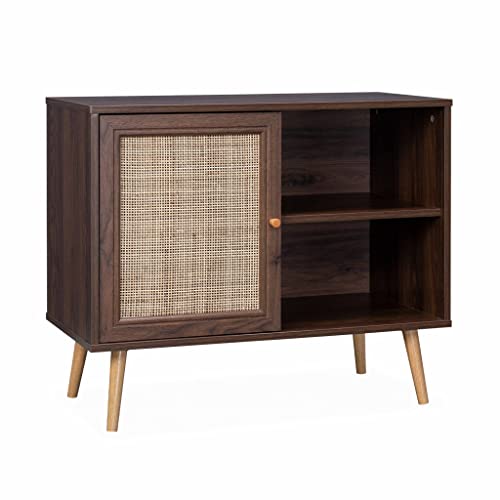 Sideboard Farbe Dunkles Holz mit Rattangeflecht 80 x 39 x 65,8 cm - 2 Ebenen - 1 Tür - Skandinavische Möbelbeine von Alice's Home