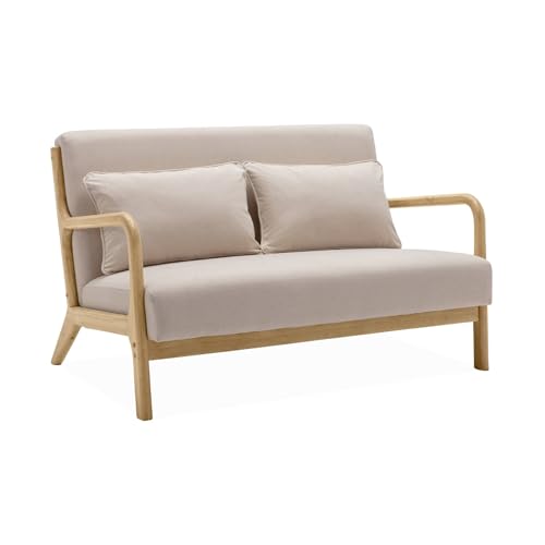 Skandinavische 2-Sitzer-Bank aus Holz und beigem Stoff, Lorens, B 124 x T 83 x H 77cm von Alice's Home
