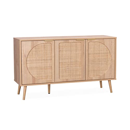 sweeek - Skandinavisches Sideboard mit Holzdekor und abgerundetem Rohrgeflecht - Eva - L120 x B39 x H70cm von Alice's Home