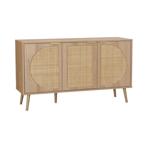 sweeek - Skandinavisches Sideboard mit Holzdekor und abgerundetem Rohrgeflecht - Eva - L120 x B39 x H70cm von Alice's Home