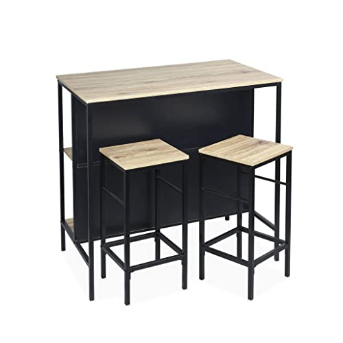 sweeek - Stehtisch Holzdekor und Metall mit 2 Regalen + 2 Hocker B 100 x T 60 x H 95cm von sweeek