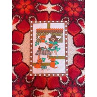 70Er Katzen Geschirrtuch/Tea Towel Oder Wandbehang Für Die Küche Aus Baumwolle in Grün, Orange Und Braun | Mid Century Vintage von AliceGroovy