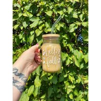 Herbst Kaffeeglas, Einmachglas, Eisglas, Kaffeetasse, Süße Hello Fall Mason Jar Tasse von AliceJoyCreations