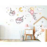 Hasen Wandtattoa, Kinderzimmer Wandtatto, Heißluftballon, Aquarell Schlafende Tiere, Waldtiere, Wolken Und Sterne von AlicesdreamsStore