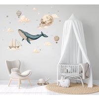 Heißluftballon, Kinderzimmer Wandtattoa, Wal Meerleben, Aquarell Tiere, Mond Und Wolken, Deko von AlicesdreamsStore