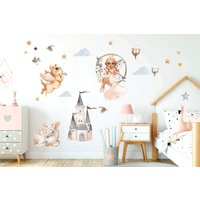 Prinzessin Schloss Wandtattoo, Kinderzimmer Aquarell Heißluftballon, Feen Mädchen Deko, Whimsical Sticker von AlicesdreamsStore