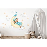 Teddybär Auf Dem Mond, Kinderzimmer Wandtattoi, Aquarell Waldtiere, Baby Junge Wanddeko, Sterne Wandsticker von AlicesdreamsStore