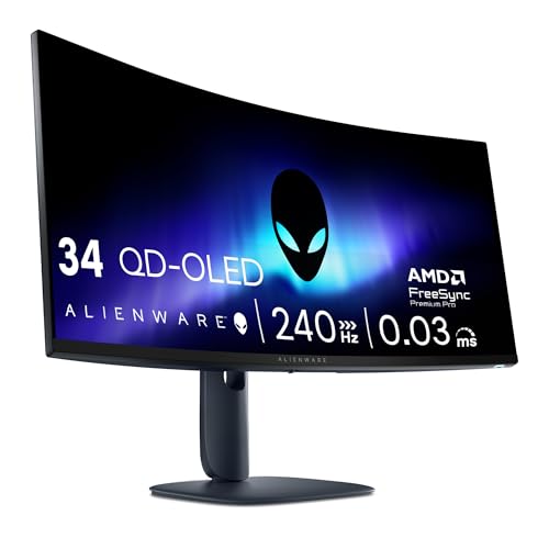 Alienware 34 Gaming Monitor - AW3425DW, WQHD (3440x1440), 21:9 1800R Curved, 240Hz, QD OLED, 0.03ms, NVIDIA G-SYNC Kompatibel, AMD FreeSync Premium Pro, HDR True Black 400, USB-C, 3 Jahre Garantie von Alienware