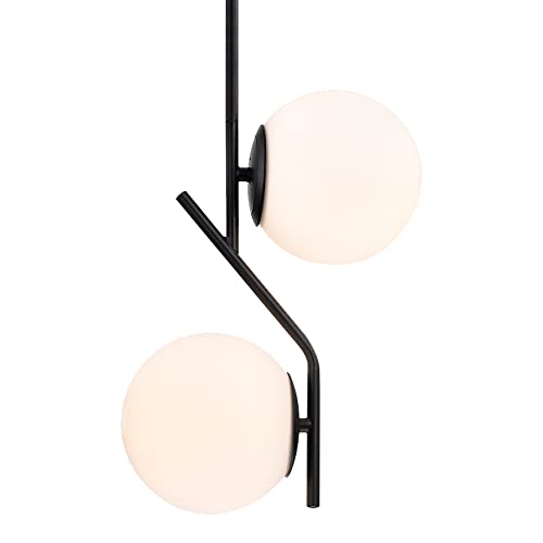 Alighting Pendelleuchte Schwarz mit 2 Milchglas Kugeln Ø15 cm Mid Century Modern Pendelleuchte für Kücheninsel Esstisch Flur Schlafzimmer Bad von Alighting