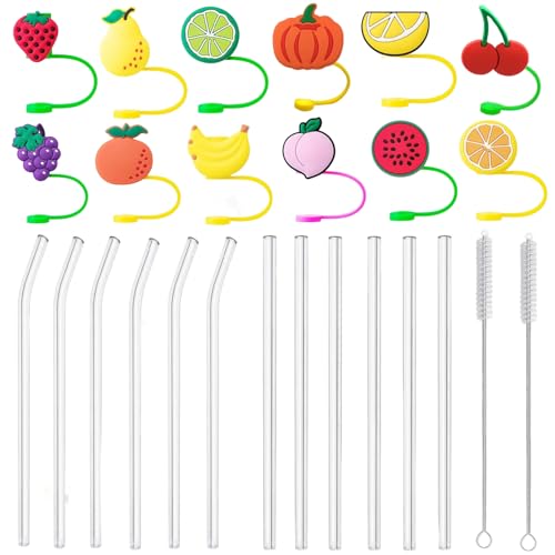 Alihoo Glas Strohhalme mit Trinkhalm Abdeckung,Transparent Trinkhalme Glas,6 Lange Gerade+6 Gebogene Strohhalm+12Silikon Obst Trinkhalm Spitzen (Früchte) von Alihoo