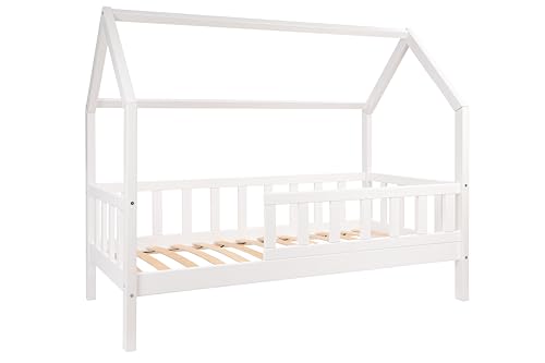 Alije Kinderbett Bett Hausbett mit Rausfallschutz 90x180 Weiß Julia Lattenrost Bettgestell aus Kiefer Holz für Haus Kinder Jungen & Mädchen - Holzbett Baby Kinderzimmer Junge Deko von Alije