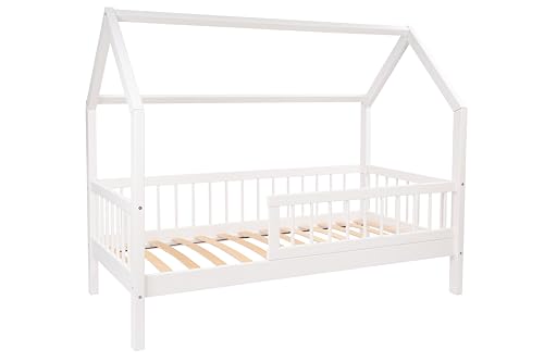 Alije Kinderbett Bett mit Rausfallschutz 80x180 Weiß Lena Lattenrost Bettgestell aus Kiefer Holz für Haus Kinder Jungen & Mädchen - Holzbett Baby Kinderzimmer Junge Deko von Alije