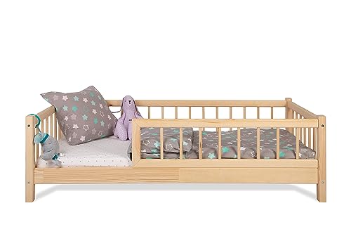 Alije Kinderbett Bett mit Rausfallschutz 90x190cm NINA Lattenrost Bettgestell aus Kiefer Holz für Haus Kinder Jungen & Mädchen - Holzbett Baby Kinderzimmer Junge Deko von Alije