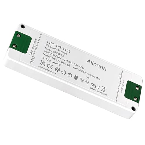 Alinana LED Trafo 230V auf 12V, 60W 5A Konstantspannungs-LED-Netzteil, Ultradünner Transformator 230V auf 12V, Kein Flackernled LED-Treiber für MR11 G4 MR16 GU5.3 LED-Birnen von Alinana