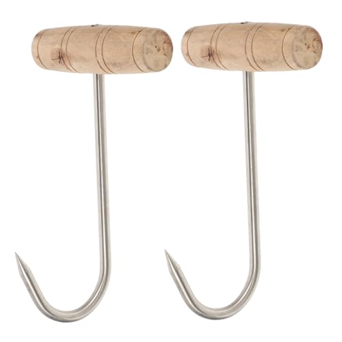 Alipis 2 Stück Förmiger Fleischhaken aus Rostfreiem Edelstahl mit Holzgriff Lang Stabiler Metzger haken für Grill Bbq Schlachtung und Fleischaufhängung von Alipis