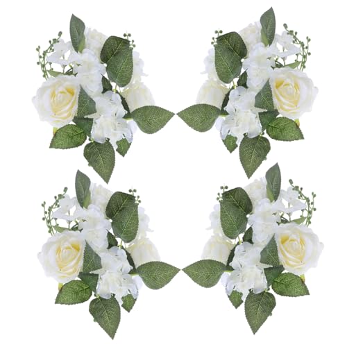 Alipis 4 Stück Künstliche Rosen-kerzenringe mit Weißen Blüten und Grünen Blättern Wiederverwendbare Blumenkränze für Stabkerzen Stilvolle Tischdekoration für Hochzeit Party Fest von Alipis