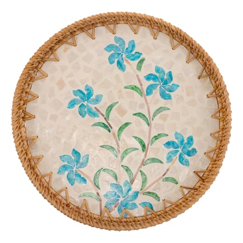 Alipis Runder Handgewebter Rattan-tablett mit Muschel-Inlay Stabiles Boho-serviertablett Dekorativer Kaffee Snack-tablett für Küche und Essbereich Natürliche Tischdekoration von Alipis