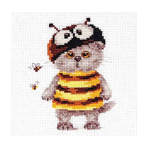 Kreuzstich-Stickset für Erwachsene, Kinder und Anfänger – Tiere – Katze Basik. Biene, 10 x 12 cm, 14 Stück von Alisa