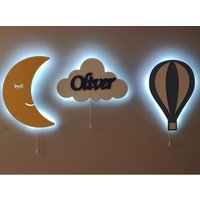 3Er Set Wandleuchte| Personalisierte Kinderzimmerbeleuchtung, Wolken Led Licht, Mond Wandleuchte, Luftballon Holzlicht, Wandbeleuchtung, Namensdruck von AlishPlace