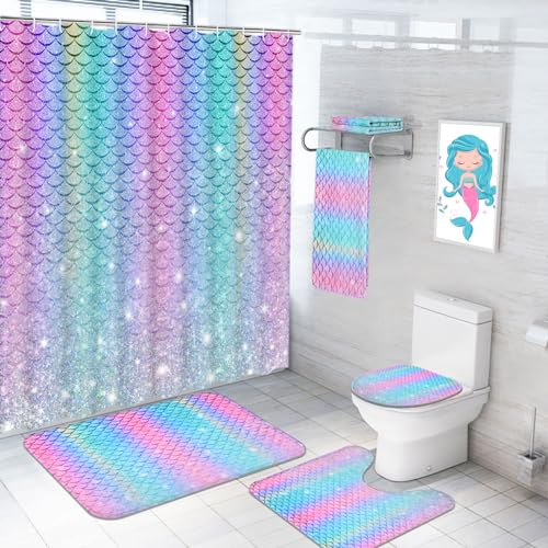 7-teiliges Meerjungfrau-Duschvorhang-Set mit Teppichen und Handtüchern, inklusive rutschfestem Teppich, WC-Deckelbezug, Badematte und Handtüchern, Regenbogen-Glitzer-Duschvorhang mit 12 Haken, rosa von Alishomtll