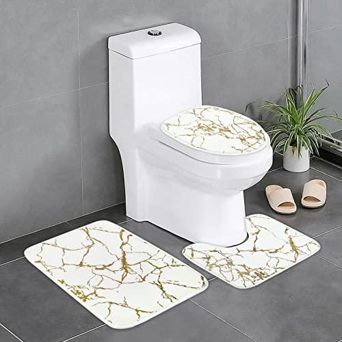 Alishomtll 3 Stück Marmor Badezimmer Teppich Set mit Anti Rutsch Teppich, WC Deckelbezug und Badematte, Weiß Gold Badezimmer Teppiche und Matten Sets, Moderne Badvorleger für Badezimmer Waschbare von Alishomtll