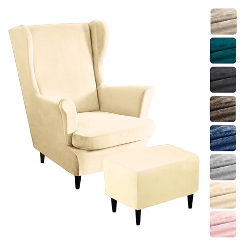 Alishomtll 3 Teilig Ohrensessel Überzug Mit Ottomane Schonbezug Stretch Samt Sessel-Überwürfe Elastisch Einfarbig Sesselhusse Strandmon Tiger Stuhlbezug mit Armlehne Hohe Rückenlehne (Beige) von Alishomtll