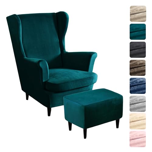 Alishomtll 3 Teilig Ohrensessel Überzug Mit Ottomane Schonbezug Stretch Samt Sessel-Überwürfe Elastisch Einfarbig Sesselhusse Strandmon Tiger Stuhlbezug mit Armlehne Hohe Rückenlehne (Turquoise) von Alishomtll