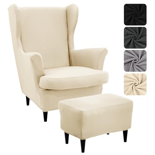 Alishomtll 3 Teilig Ohrensessel Überzug Mit Ottomane Schonbezug Stretch Sessel-Überwürfe Elastisch Sesselhusse Strandmon Tiger Stuhlbezug mit Armlehne Hohe Rückenlehne Universal (Beige) von Alishomtll