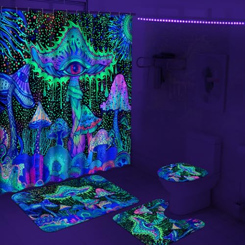 Alishomtll 4-teiliges Schwarzlicht-Pilz-Duschvorhang-Set mit Teppichen, UV-reaktives Hippie-Auge-Badezimmer-Set mit Duschvorhang und Teppichen, Schwarzlicht Ozean-Badezimmer-Dekor-Sets von Alishomtll