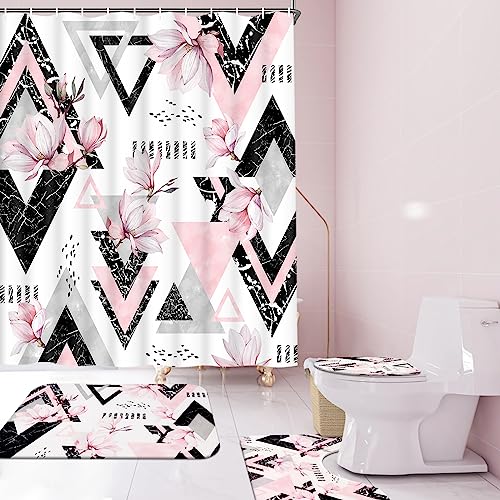 Alishomtll 4-teiliges rosa Marmor-Duschvorhang-Set mit Teppichen, schwarz und weiß, Badezimmer-Set, Blumen-Badezimmer-Sets mit Duschvorhang und Teppichen, modernes abstraktes Duschvorhang-Set für von Alishomtll