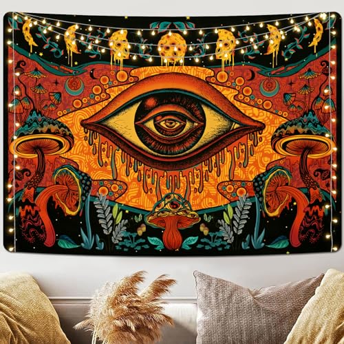 Alishomtll Auge Wandteppich Pilz Wandteppich Orange Mondphasen Wandbehang Pflanzen Planet Wandteppich Wandteppiche Wandkunst für Schlafzimmer Wohnzimmer 210x150cm von Alishomtll