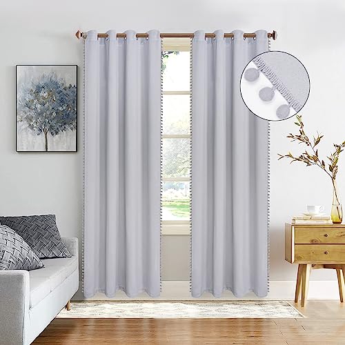 Alishomtll Blickdicht Vorhang, Gardine mit Ösen, Grau Thermovorhang Verdunkelungsvorhang Kälteschutz WärmeIsolierend Lärmschutz Curtain mit Pompons, für Wohnzimmer, H 245 x B 140 cm, 2er Set von Alishomtll