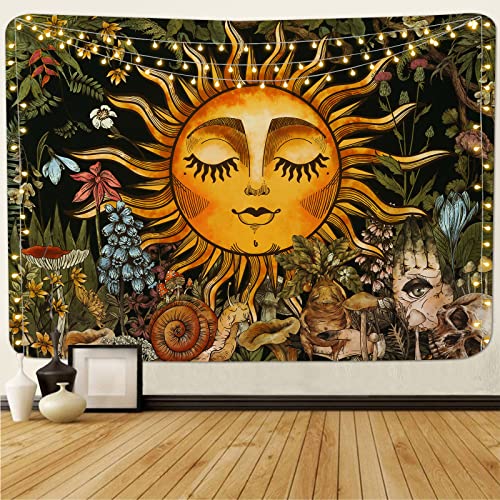 Alishomtll Brennende Sonne Wandteppich Vintage Garten Floral Wandbehang Frühling Mystic Pflanzen Blumen Tapisserie Schnecke Schädel Wandtuch Hippie Wandkunst für Schlafzimmer Wohnzimmer 150x130cm von Alishomtll