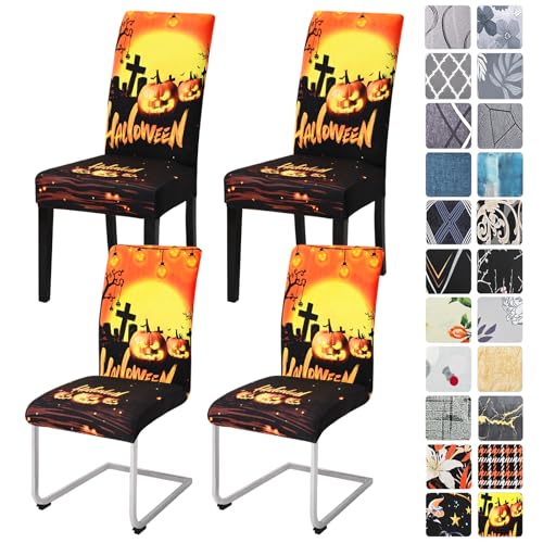 Alishomtll Halloween Stretch Stuhlhussen 4er Set Stuhlbezug Schwingstuhl Elastische Stuhlhussen Abnehmbarer Waschbarer Stühle Schutz Urlaubsdekoration für Esszimmer Bankett (Kürbislaterne, 4 Stück) von Alishomtll