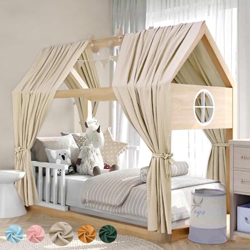 Alishomtll Hausbett Himmel Deko Set, 2 Betthimmel Hausbett aus 100% Baumwolle Musselin, 1 Wimpelkette 300cm, Kinderbett Baldachin Stoffhimmel für Mädchen Jungen Kinderzimmer, 135x270cm Khaki von Alishomtll