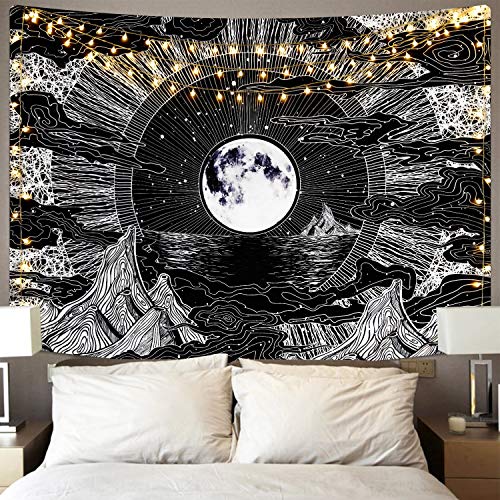 Alishomtll Mond und Stern Wandbehang Wandteppich Wolke Schwarz Weiss Psychedelic Wandtuch für Zimmer 150 x 210 cm von Alishomtll