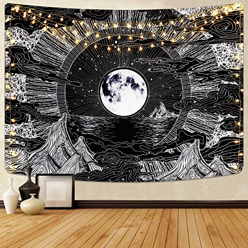 Alishomtll Mond und Stern Wandbehang Wandteppich Wolke Schwarz Weiss Psychedelic Wandtuch für Zimmer 235 x 180 cm von Alishomtll