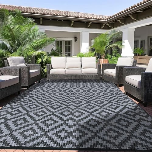 Alishomtll Outdoor 180x275cm Teppich Wetterfest, PP Wasserdichter Kunststoff Terrasse Teppich, Garten Balkon Wendbar UV beständige Carpet, Außenteppich Camping für BBQ Picknick, Grau Schwarz von Alishomtll