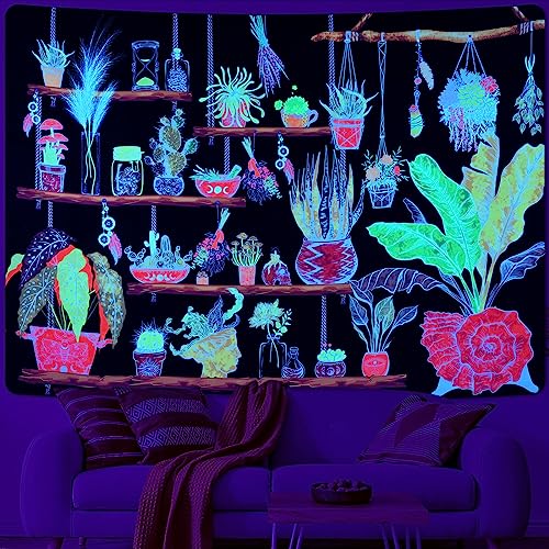 Alishomtll Pflanzen Schwarzlicht Wandteppich Bonsai Kaktus Wandbehang UV reaktive Pilz Fantasie Glühen im Dunkeln Wandteppiche Gelbe Wandkunst für Schlafzimmer Wohnzimmer 210x150cm von Alishomtll