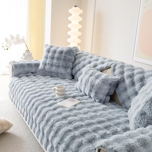 Alishomtll Plüsch Sofabezug Ecksofa 1/2/3/4 Sitzer, Universelle rutschfeste Sofa Überzug, L Form Couch Überzug Sofaschoner, Waschbar Sofaüberwurfe Sofadecke für Wohnzimmer, Hellgrau 90x160cm von Alishomtll