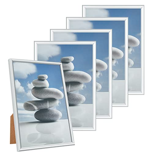 Alishomtll Bilderrahmen 5er Set, 13x18cm, Fotorahmen mit HD-Acrylglas Bilderrahmen zum Aufhängen/Aufstellen Fotogalerie Display Kunststoffrahmen Set für Mehrere Bilder Fotos, Silber von Alishomtll